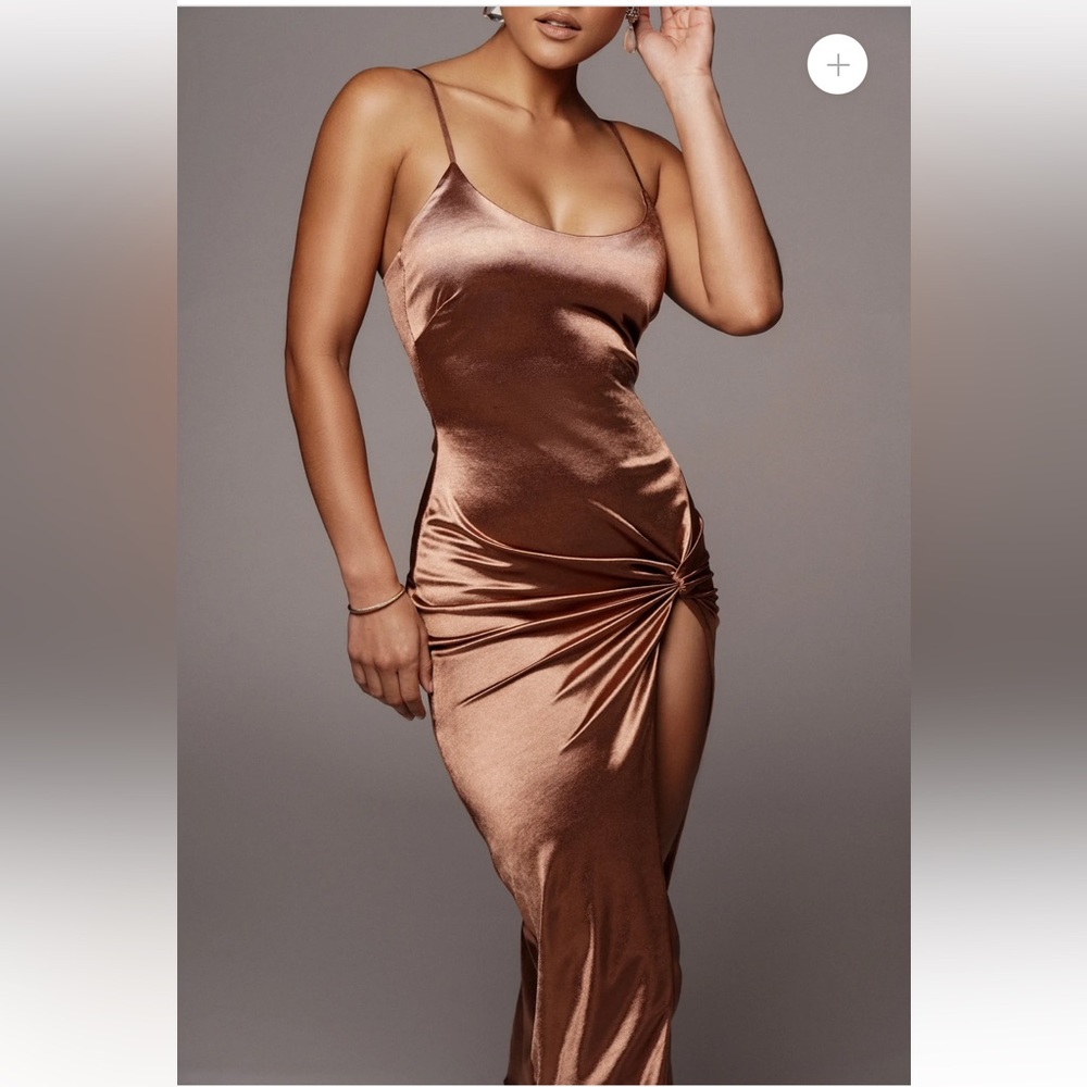 JLuxLabel Satin chocolate dress with slightly high split in the front. Great